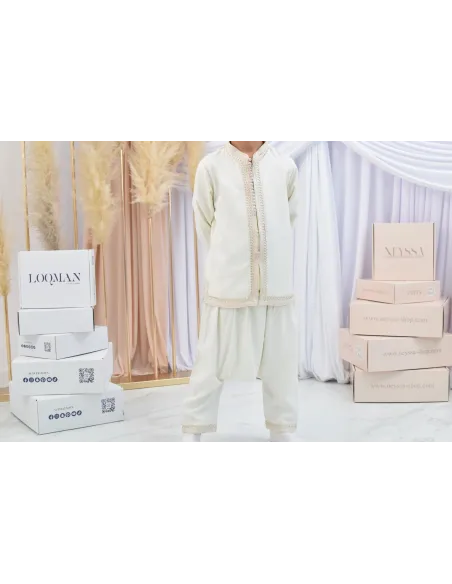 Ensemble Jabador garçon Blanc cassé avec tunique brodée et sarouel