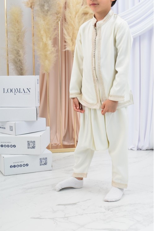Ensemble Jabador garçon Blanc cassé avec tunique brodée et sarouel