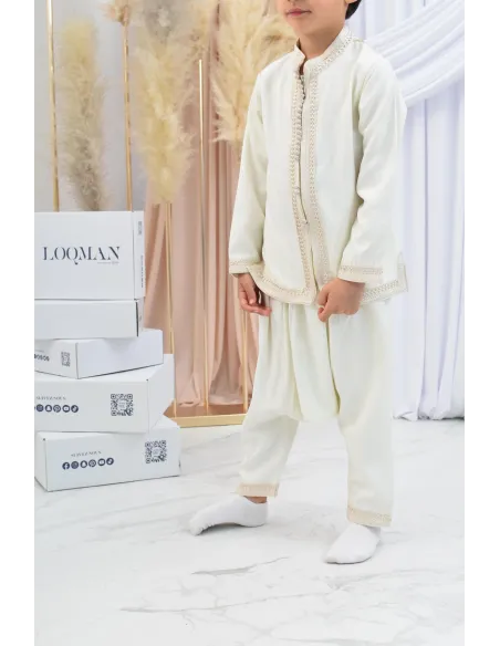 Ensemble Jabador garçon Blanc cassé avec tunique brodée et sarouel