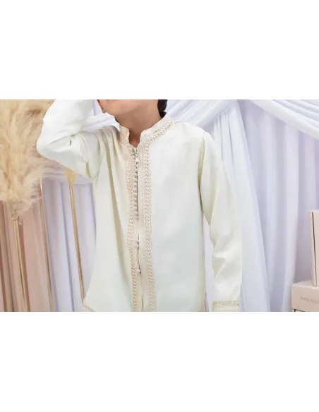 Ensemble Jabador garçon Blanc cassé avec tunique brodée et sarouel