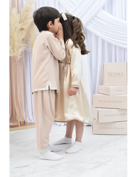 Ensemble Jabador garçon Blanc cassé avec tunique et sarouel