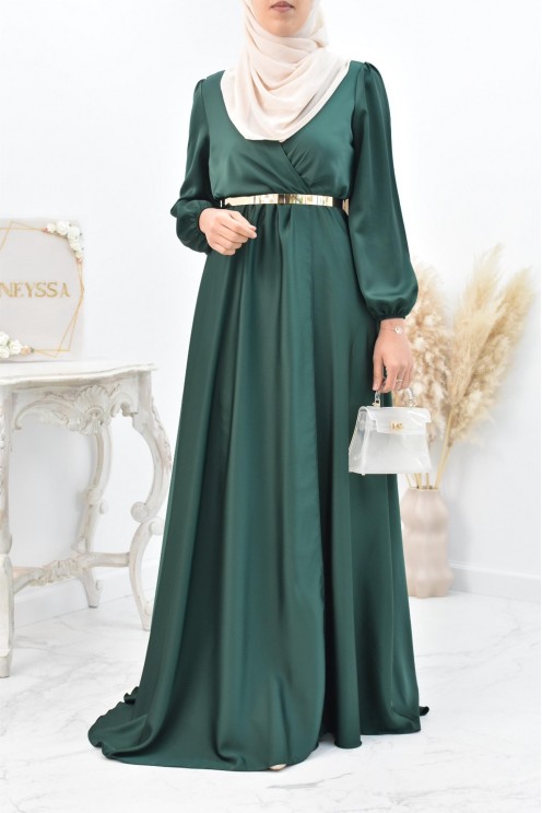 Robe longue satin cache coeur cérémonie femme musulmane.