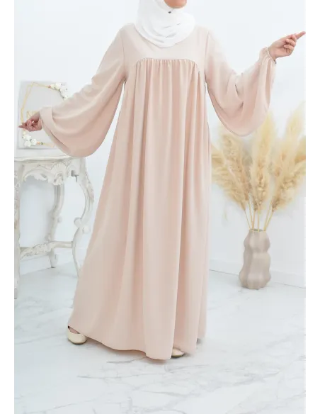 Abaya manches bouffantes femme, robe mastoura longue et fluide