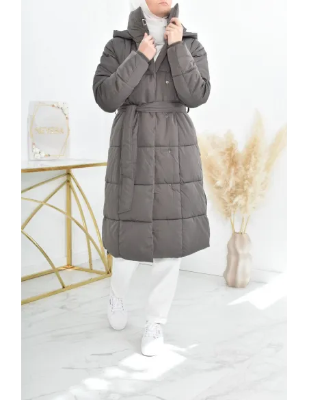 Doudoune femme longue à ceinture et capuche pour femme musulmane