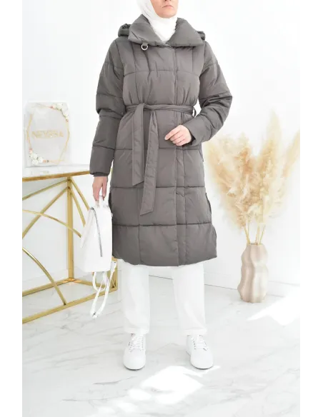 Doudoune femme longue à ceinture et capuche pour femme musulmane