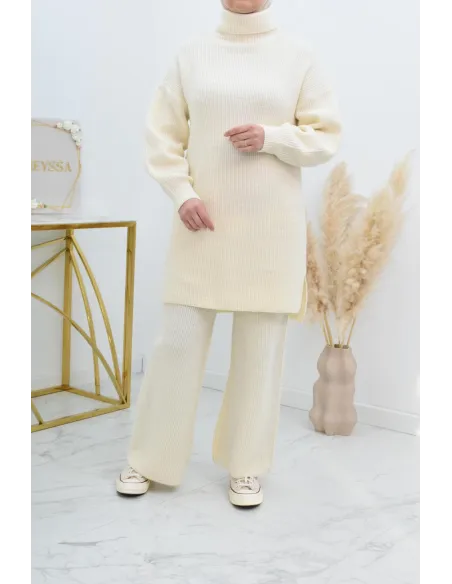 Ensemble femme taupe maille tissé col montant camel pour femme voilée