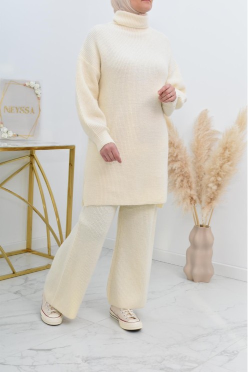 Ensemble femme taupe maille tissé col montant camel pour femme voilée