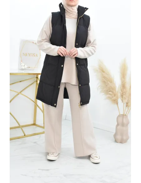 Doudoune longue sans manches noir pour femme à capuche