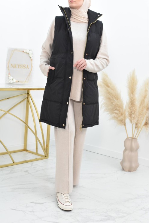 Doudoune longue sans manches noir pour femme à capuche