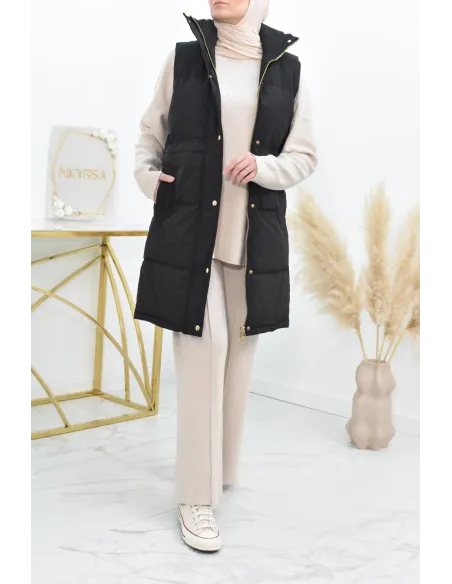 Doudoune longue sans manches noir pour femme à capuche