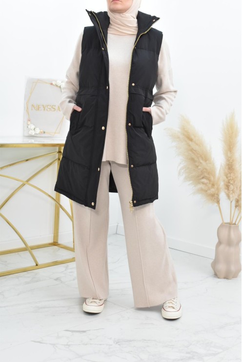 Doudoune longue sans manches noir pour femme à capuche