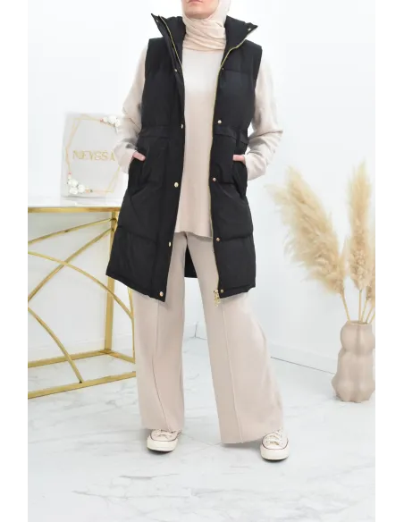 Doudoune longue sans manches noir pour femme à capuche