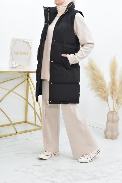 Doudoune longue sans manches noir pour femme à capuche