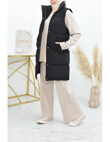 Doudoune longue sans manches noir pour femme à capuche