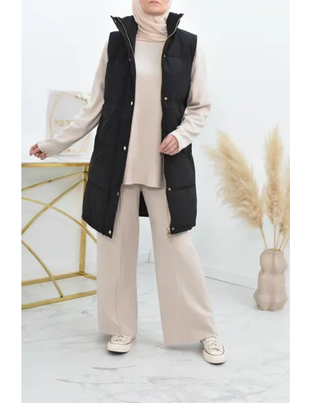 Doudoune longue sans manches noir pour femme à capuche