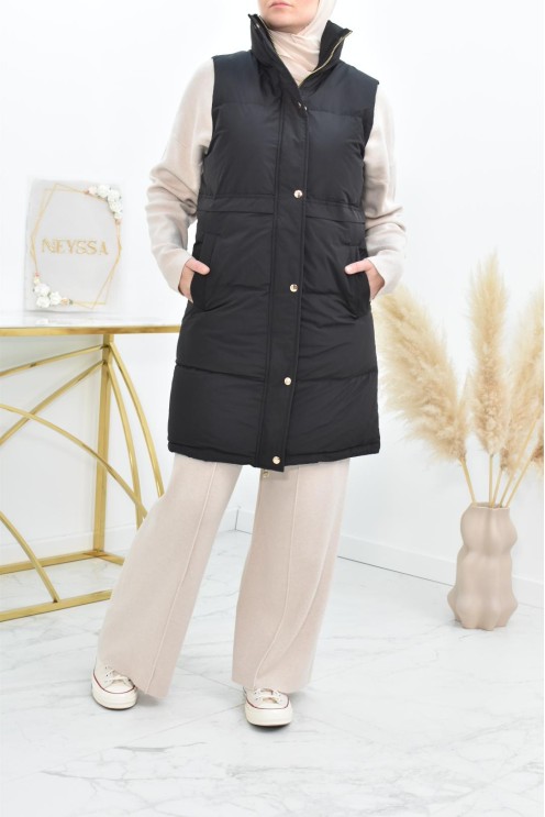 Doudoune longue sans manches noir pour femme à capuche