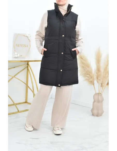 Doudoune longue sans manches noir pour femme à capuche