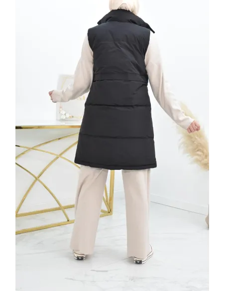 Doudoune longue sans manches noir pour femme à capuche