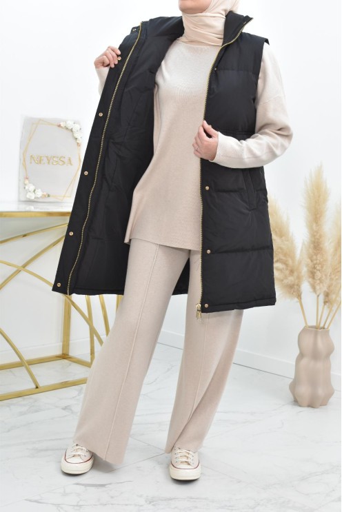 Doudoune longue sans manches noir pour femme à capuche