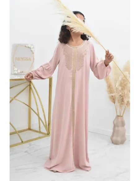 Abaya fillette brodée et manches bouffantes tenue traditionnelle fille.