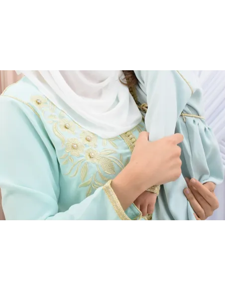 Tunique style Caftan broderie Marocaine sfifa Vert eau Haute de gamme