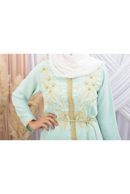 Tunique style Caftan broderie Marocaine sfifa Vert eau Haute de gamme