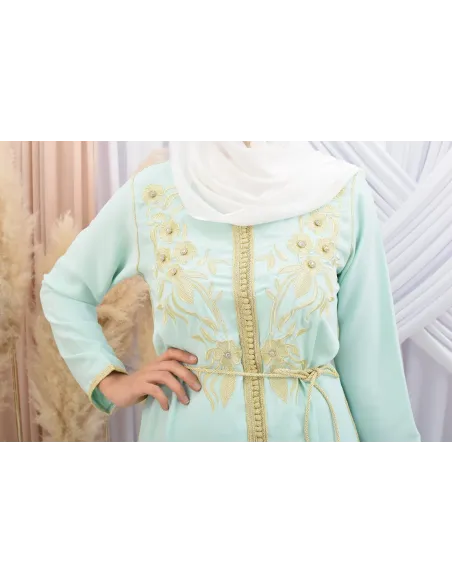 Tunique style Caftan broderie Marocaine sfifa Vert eau Haute de gamme
