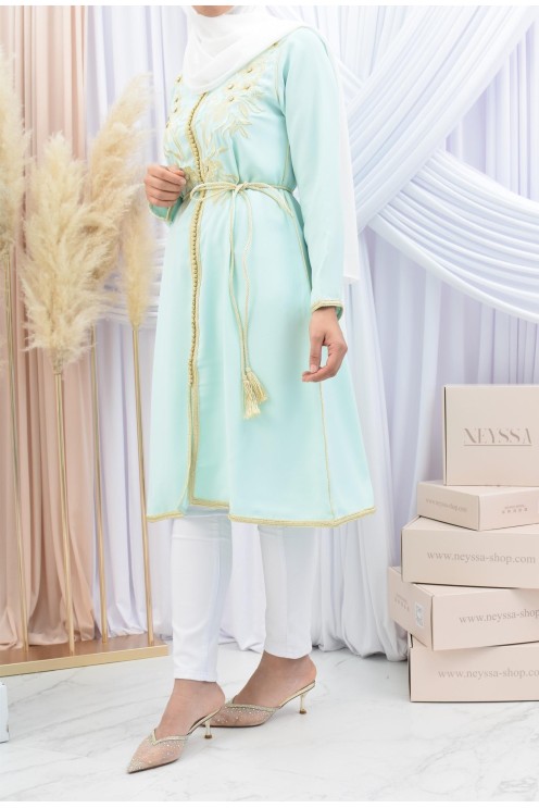Tunique style Caftan broderie Marocaine sfifa Vert eau Haute de gamme