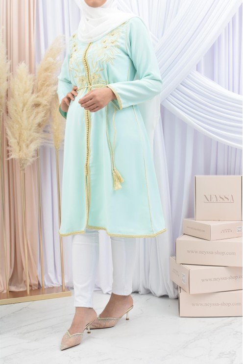 Tunique style Caftan broderie Marocaine sfifa Vert eau Haute de gamme