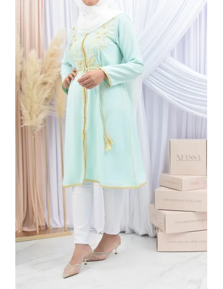 Tunique style Caftan broderie Marocaine sfifa Vert eau Haute de gamme