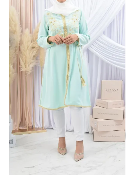 Tunique style Caftan broderie Marocaine sfifa Vert eau Haute de gamme