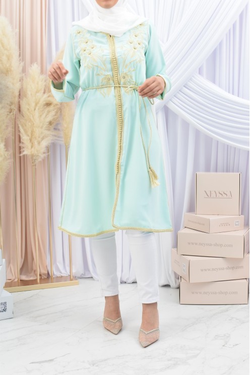 Tunique style Caftan broderie Marocaine sfifa Vert eau Haute de gamme