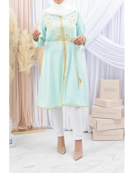 Tunique style Caftan broderie Marocaine sfifa Vert eau Haute de gamme