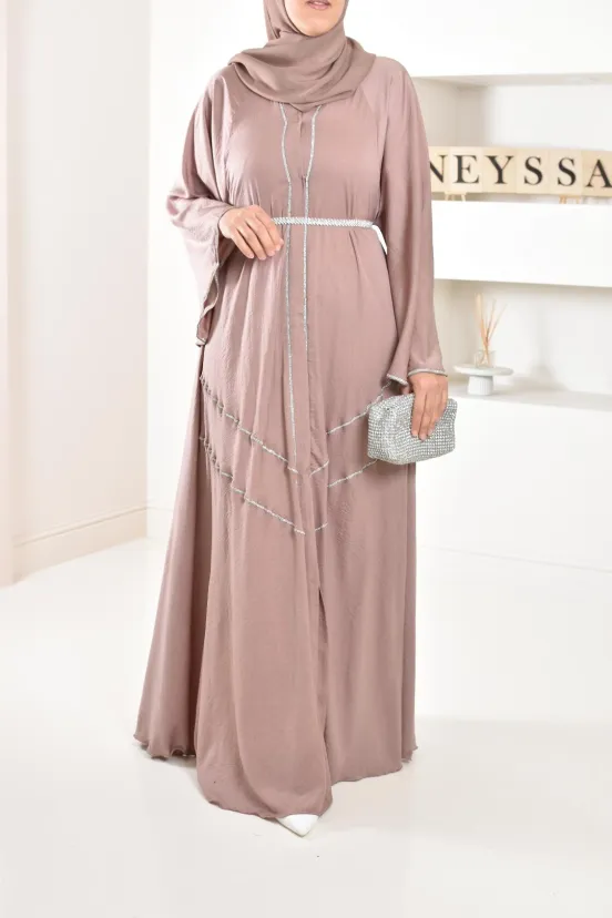 Abaya Dubaï taupe Aïd évasée et mastoura haute gamme strass cousue pour femme voilée 