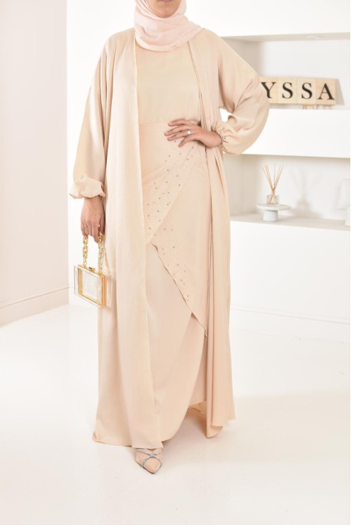 Langes Kleid Abaya Dubai beige perlenbestickt ausgestellter Schnitt Modest Fashion