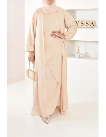 Langes Kleid Abaya Dubai beige perlenbestickt ausgestellter Schnitt Modest Fashion