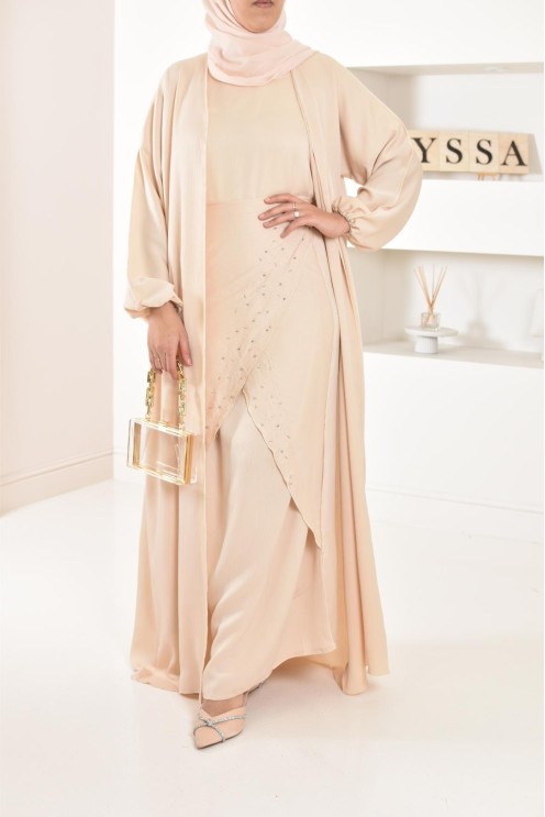 Langes Kleid Abaya Dubai beige perlenbestickt ausgestellter Schnitt Modest Fashion