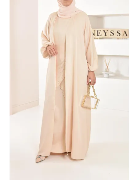 Langes Kleid Abaya Dubai beige perlenbestickt ausgestellter Schnitt Modest Fashion