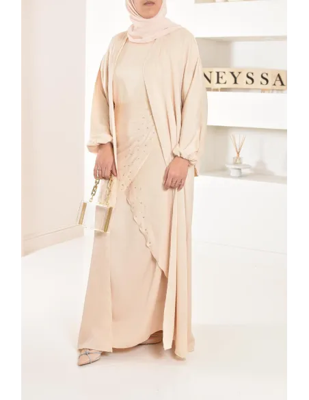 Langes Kleid Abaya Dubai beige perlenbestickt ausgestellter Schnitt Modest Fashion