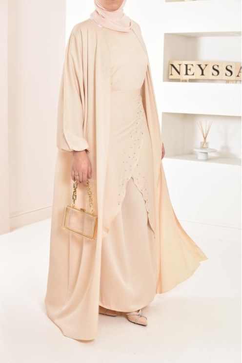 Langes Kleid Abaya Dubai beige perlenbestickt ausgestellter Schnitt Modest Fashion