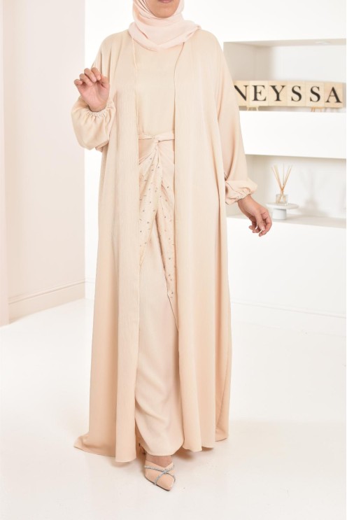 Langes Kleid Abaya Dubai beige perlenbestickt ausgestellter Schnitt Modest Fashion