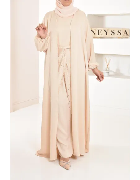 Langes Kleid Abaya Dubai beige perlenbestickt ausgestellter Schnitt Modest Fashion