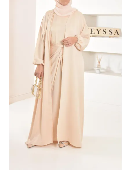 Langes Kleid Abaya Dubai beige perlenbestickt ausgestellter Schnitt Modest Fashion