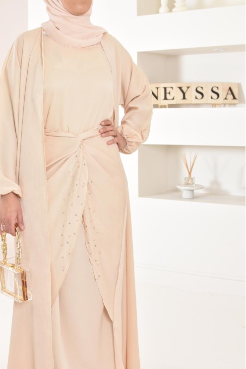 Langes Kleid Abaya Dubai beige perlenbestickt ausgestellter Schnitt Modest Fashion
