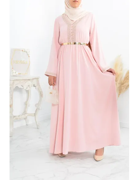 Robe longue de fête rose brodée cintrée robe ample femme musulmane