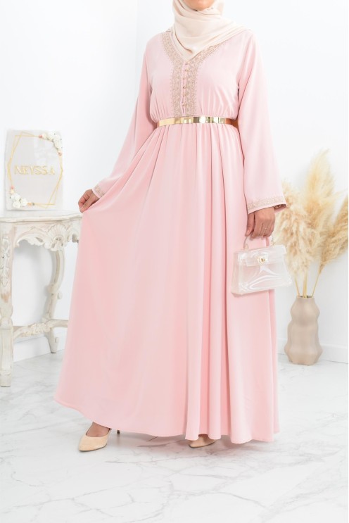 Robe longue de fête rose brodée cintrée robe ample femme musulmane
