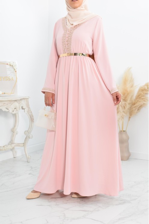 Robe longue de fête rose brodée cintrée robe ample femme musulmane