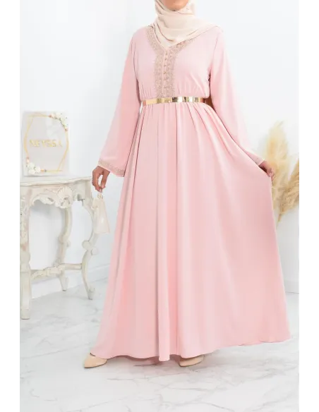 Robe longue de fête rose brodée cintrée robe ample femme musulmane