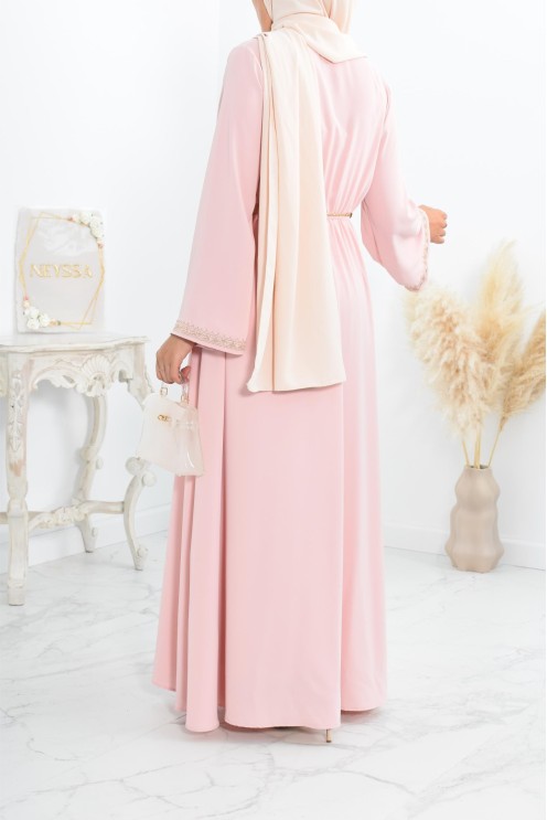 Robe longue de fête rose brodée cintrée robe ample femme musulmane