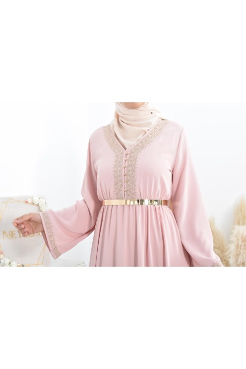 Robe longue de fête rose brodée cintrée robe ample femme musulmane